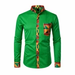 Green men's long-sleeve shirt shown from the front, with geometric print panels at the collar, button placket, chest pocket and cuffs.