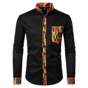 Black men's long-sleeve shirt shown from the front with geometric-print collar, chest pocket, placket and cuffs.