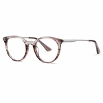 Montura de acetato color café transparente en vista frontal de tres cuartos, con varillas metálicas plateadas y terminales marrones curvos; lentes no incluidos.