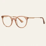 Detalle de la montura de acetato beige transparente: frente redondeado, puente integrado y varilla tono dorado; lentes no incluidos.