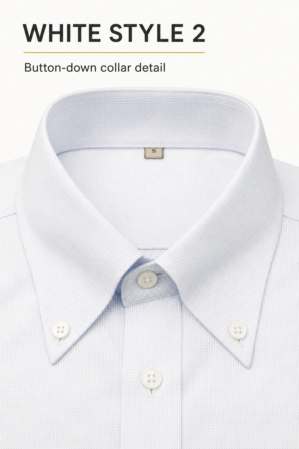 White Style 2 collar close-up with a button at each point and the shirt placket below