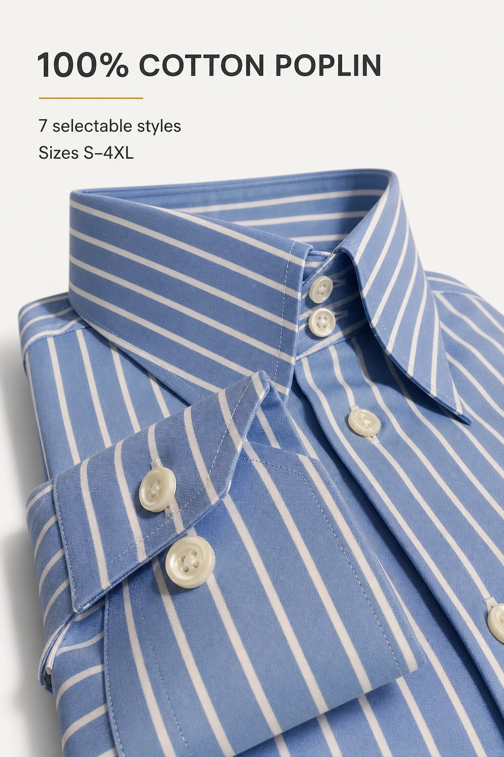 Blue striped cotton poplin shirt close-up showing the fine woven surface, collar, buttons, and cuff