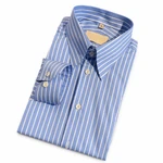 Folded blue cotton poplin shirt with fine pale stripes, a button front, and buttoned cuffs