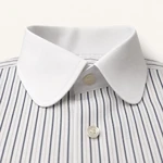 Close view of a light blue striped shirt's smooth rounded white contrast collar and front button