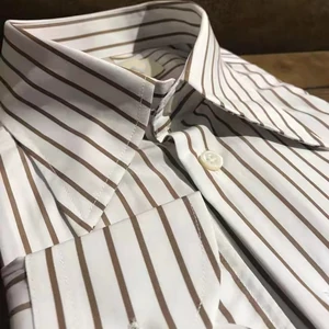 Khaki and cream striped cotton poplin shirt with button-down collar points
