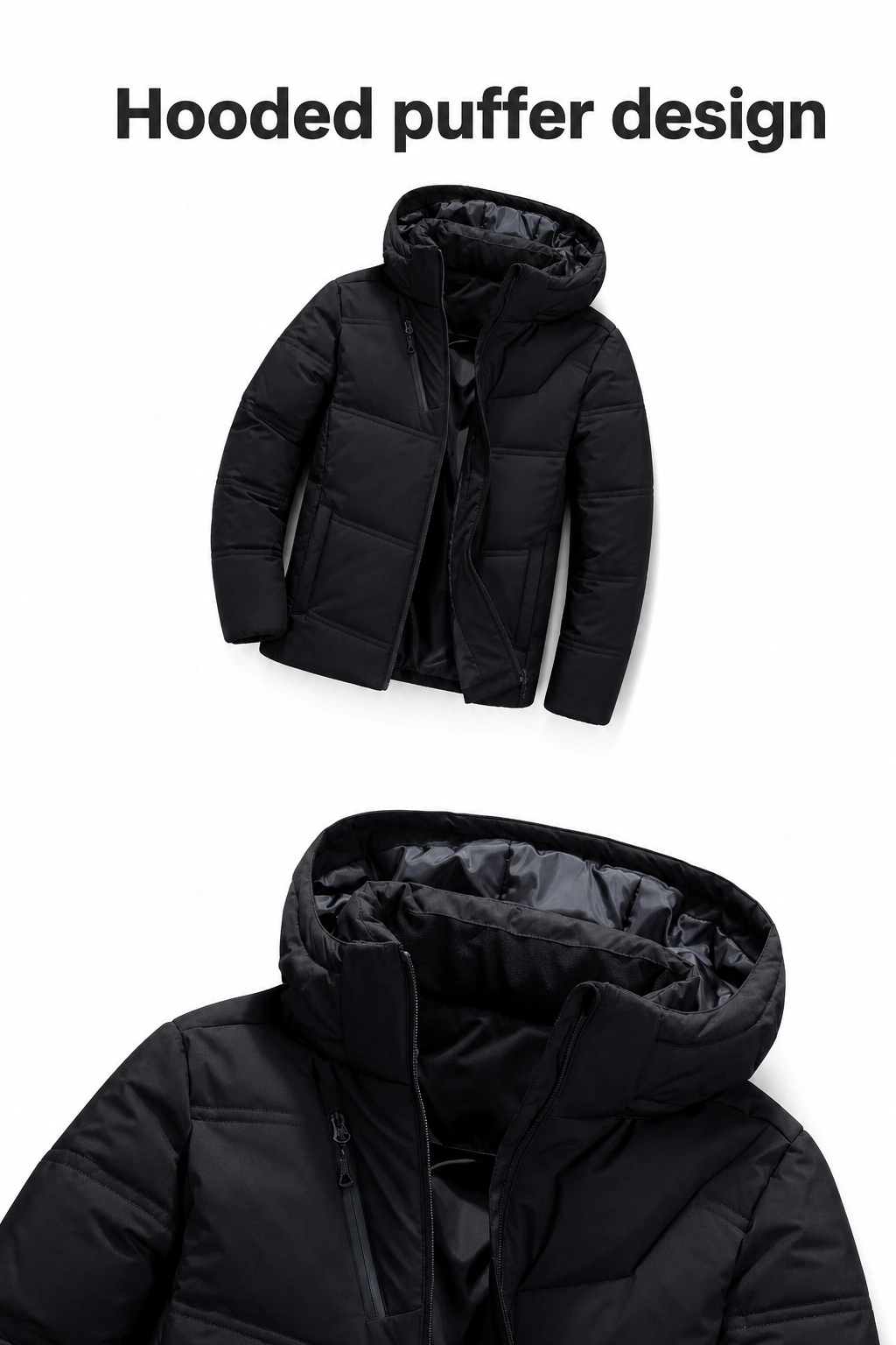 Product graphic showing the full hooded puffer coat beside an enlarged view of its hood and collar.
