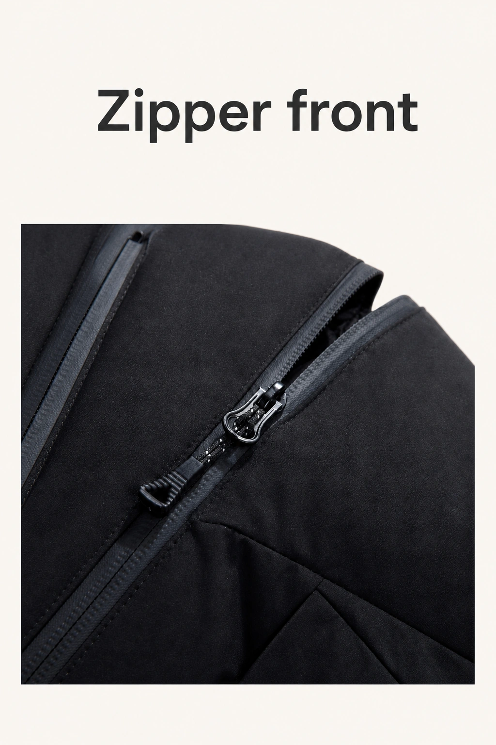 Product graphic showing the front zipper and a close view of the zipper detail.