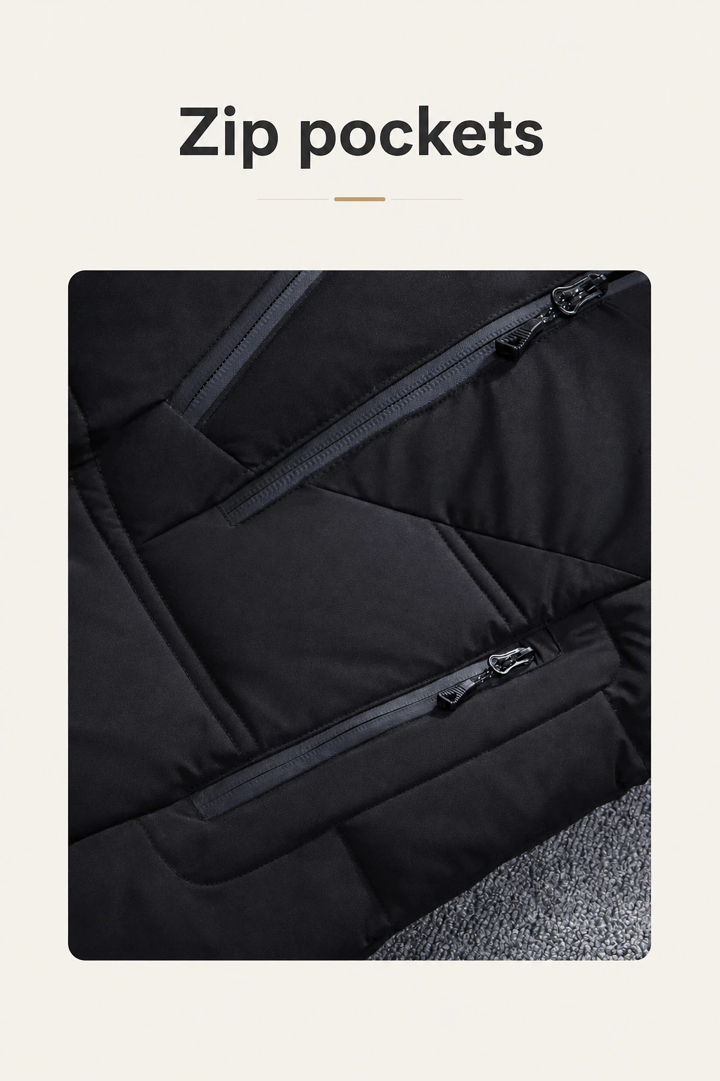 Product graphic with two close views of the coat’s zippered side pockets.