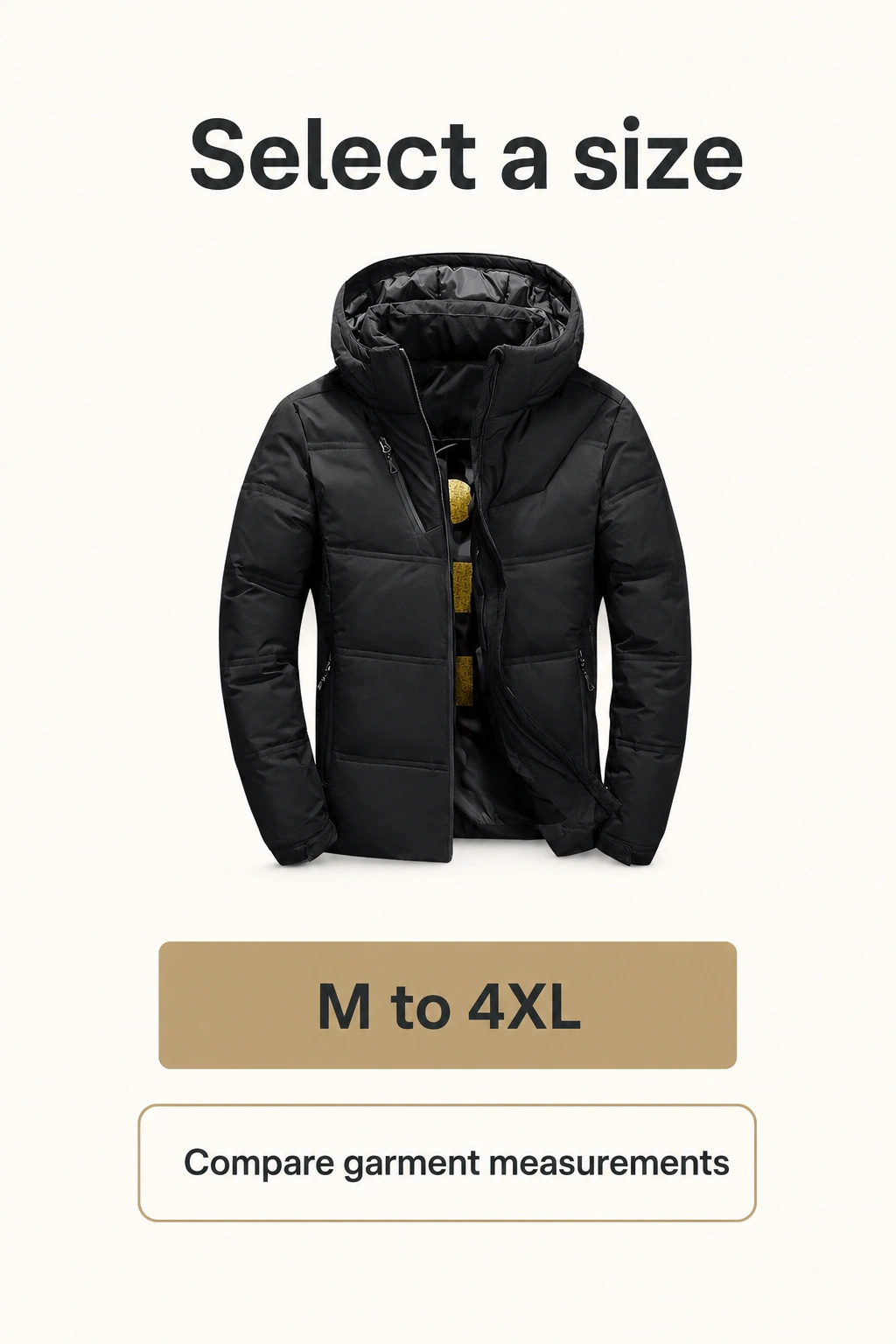 Size-selection graphic with the coat and size labels M, L, XL, 2XL, 3XL and 4XL.