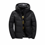 Black hooded puffer coat viewed from the front, with the zipper partly open to show the dark lining.