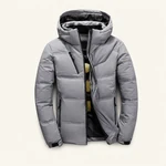 Light-gray hooded puffer coat shown from the front with a partly open zipper.