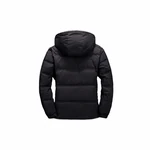 Back view of the black puffer coat, showing its hood and horizontal quilting.