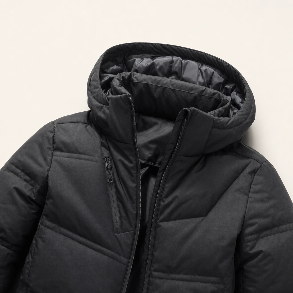 Close-up of the hood, stand collar and front zipper on a black puffer coat