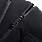 Close-up of the black coat fabric and front zipper pull.