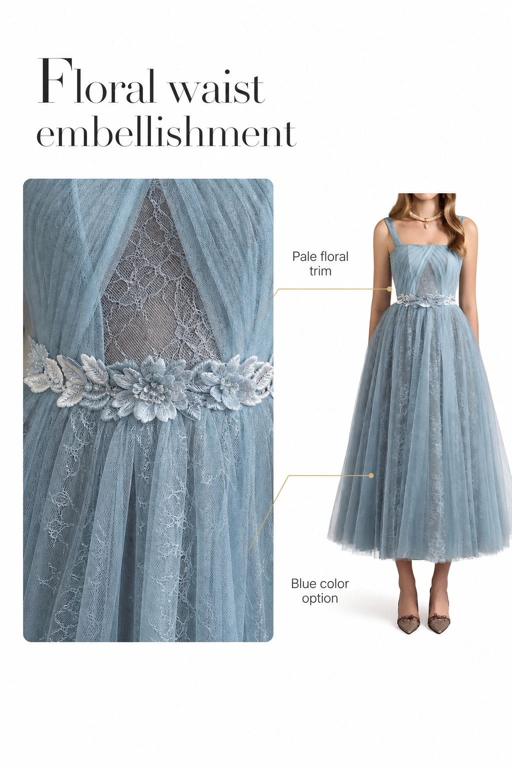 Blue dress waist close-up highlighting the pale floral trim, with a smaller full-dress view for context.