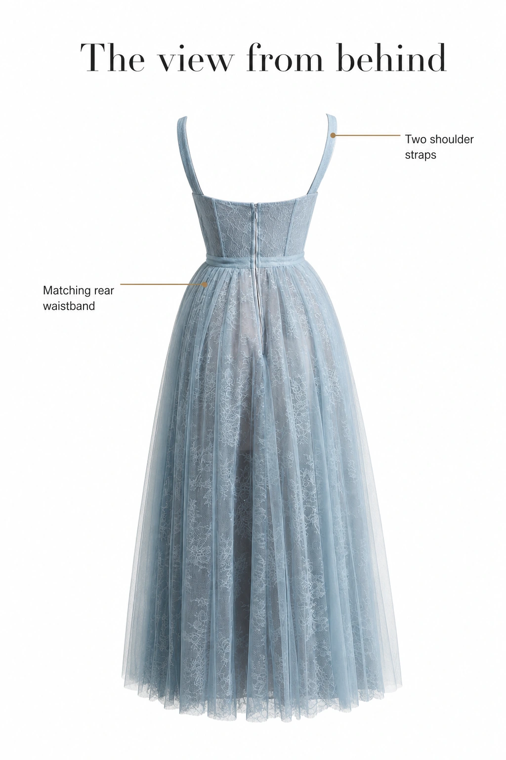 Back view of the blue dress with two straps, a plain matching rear waistband, and gathered skirt.