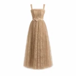 Champagne lace midi evening dress on a headless display form, with two straps, a draped sheer bodice, floral waist trim, and full layered skirt.