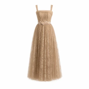 ZYHT Lace Midi Evening Dress with Draped Sheer Bodice
