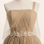 Close view of the Champagne bodice with diagonal sheer overlay, straight upper edge, lace detail, and pale floral waist trim.