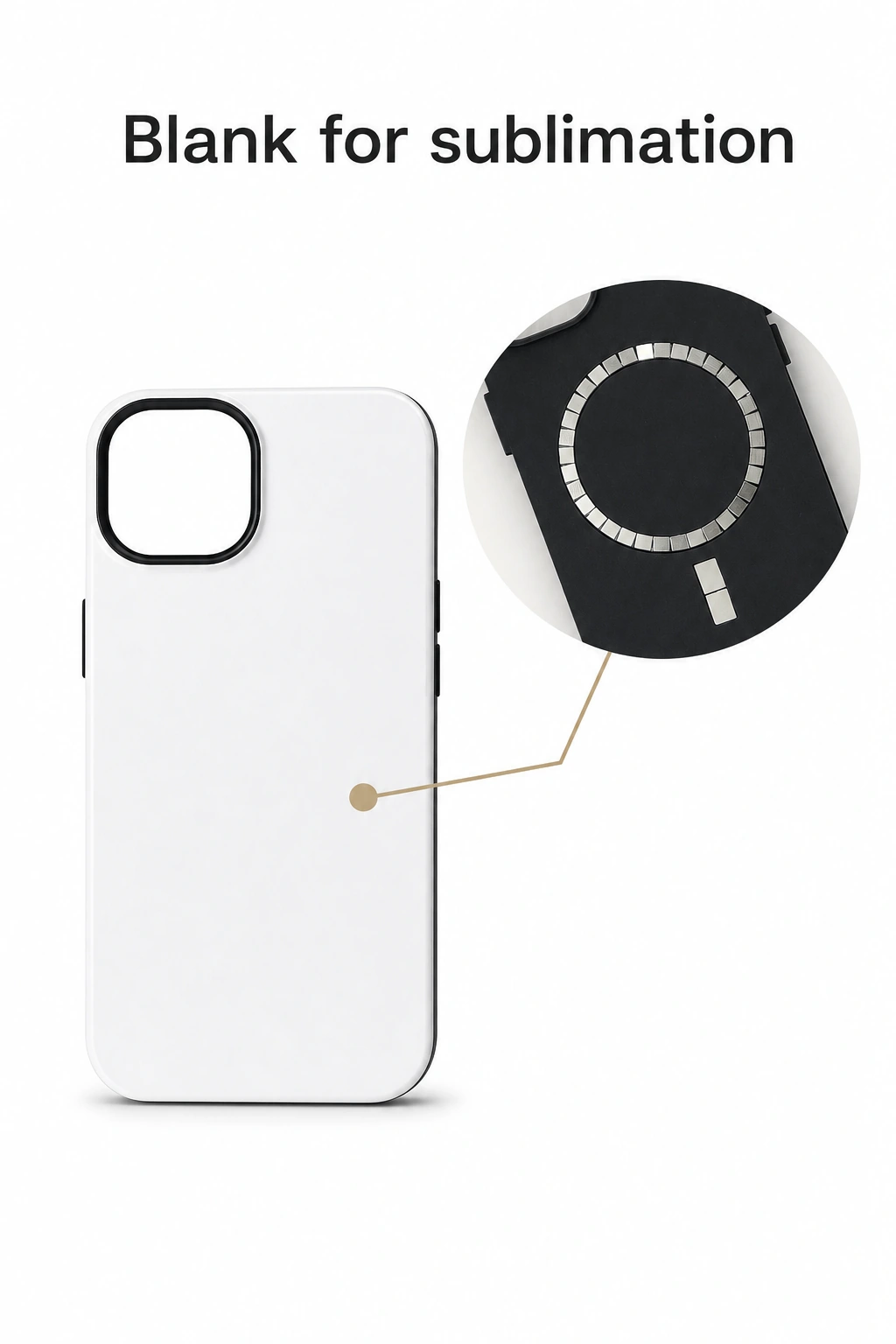 Funda blanca montada sin impresión, con vista ampliada del anillo magnético interior