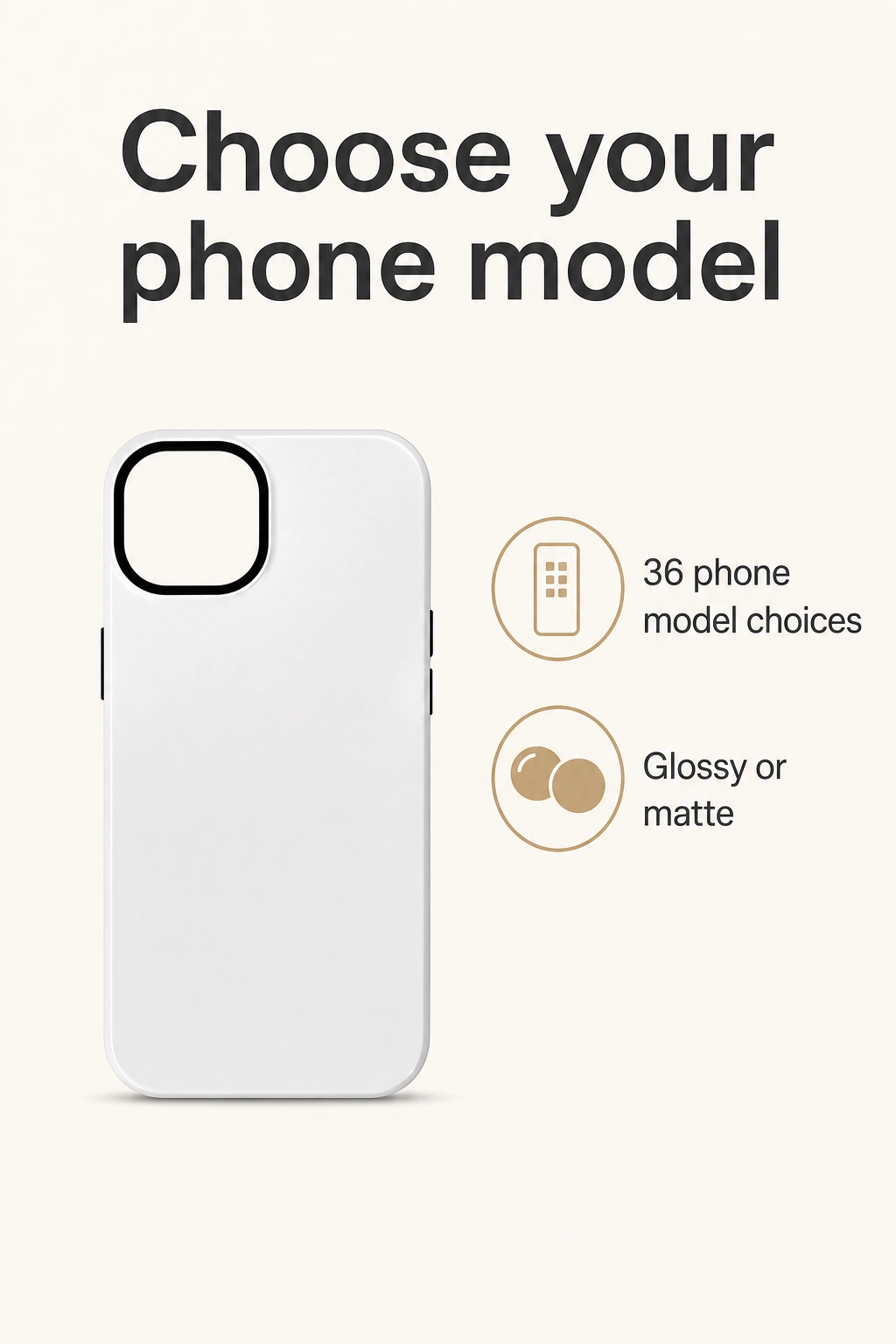 Funda montada sin impresión junto a un gráfico con 36 modelos de teléfono y acabados brillante o mate