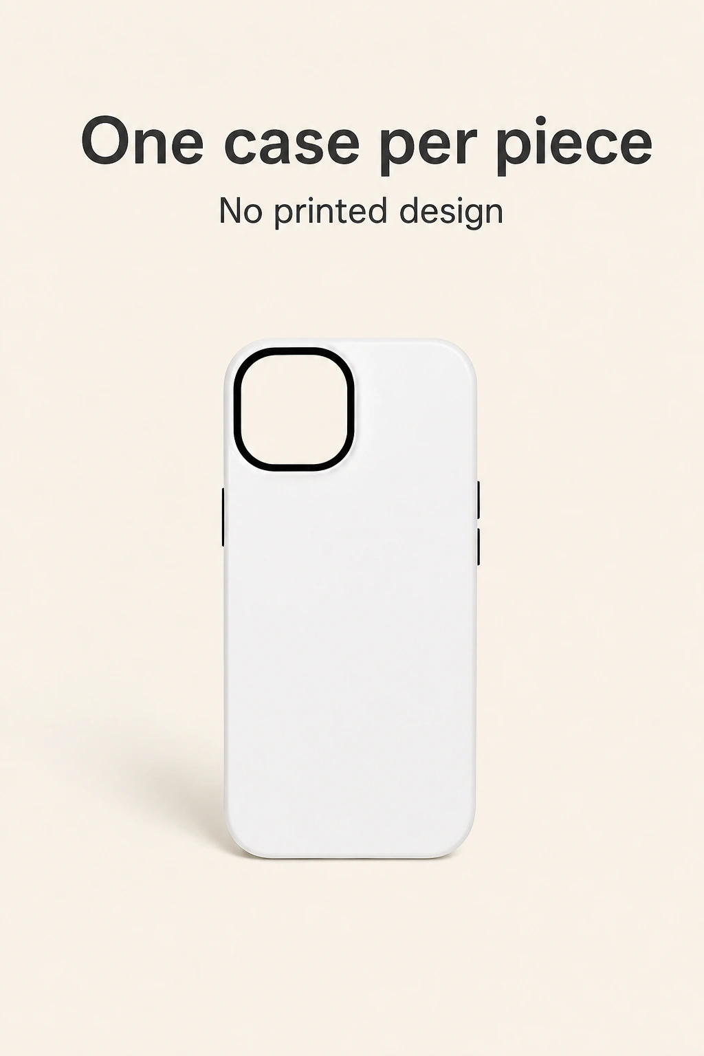 Una funda blanca montada junto a textos que indican una funda por unidad y sin diseño impreso
