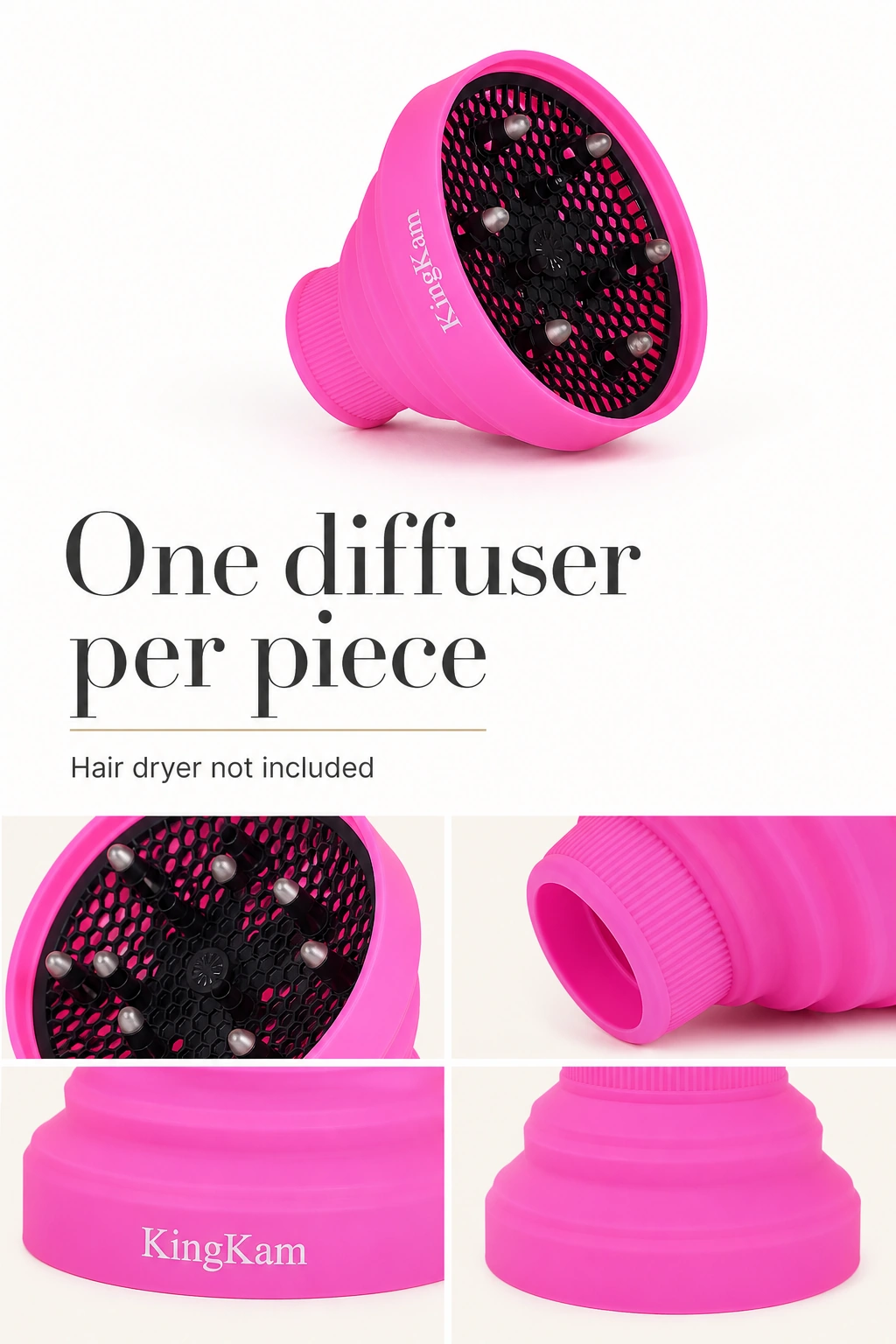 Difusor rosa y detalles que indican un difusor por unidad y secador no incluido