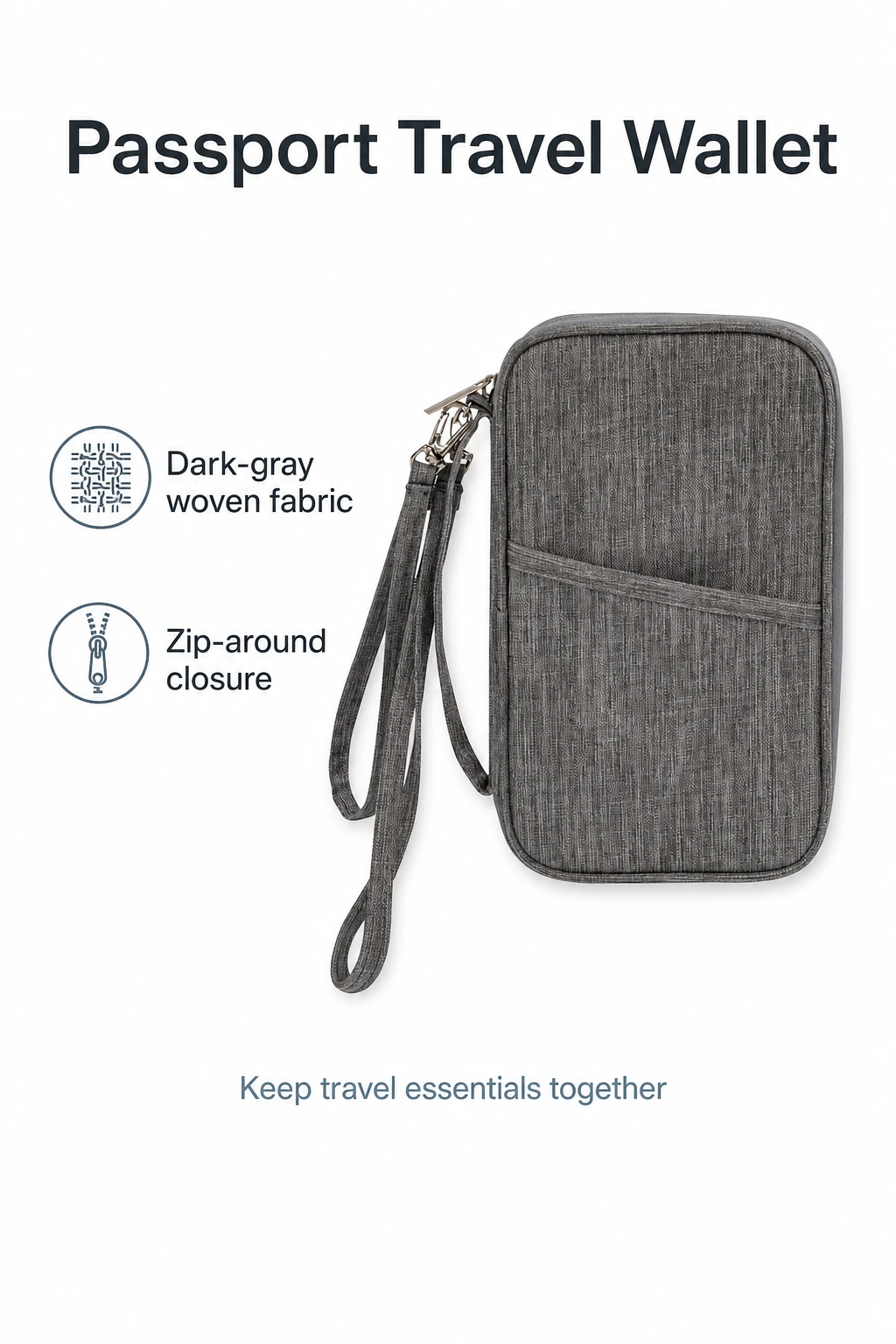 Pochette passeport en polyester gris foncé avec sangles assorties