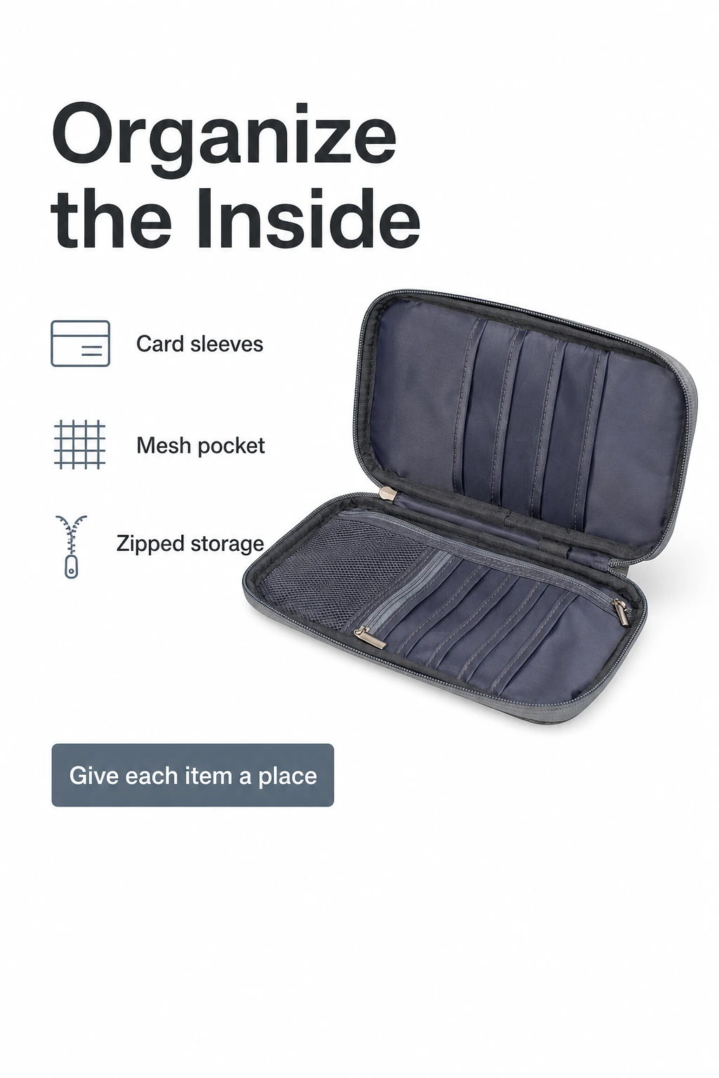 Pochette ouverte avec logements pour cartes, filet et compartiment zippé