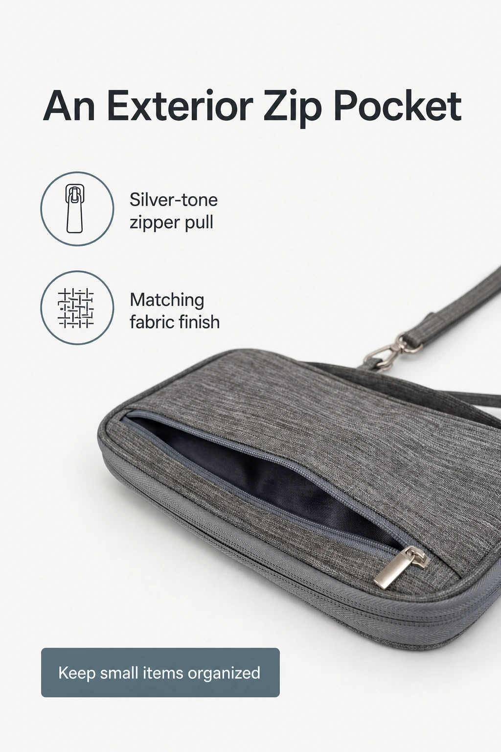 Poche extérieure zippée de la pochette de voyage gris foncé
