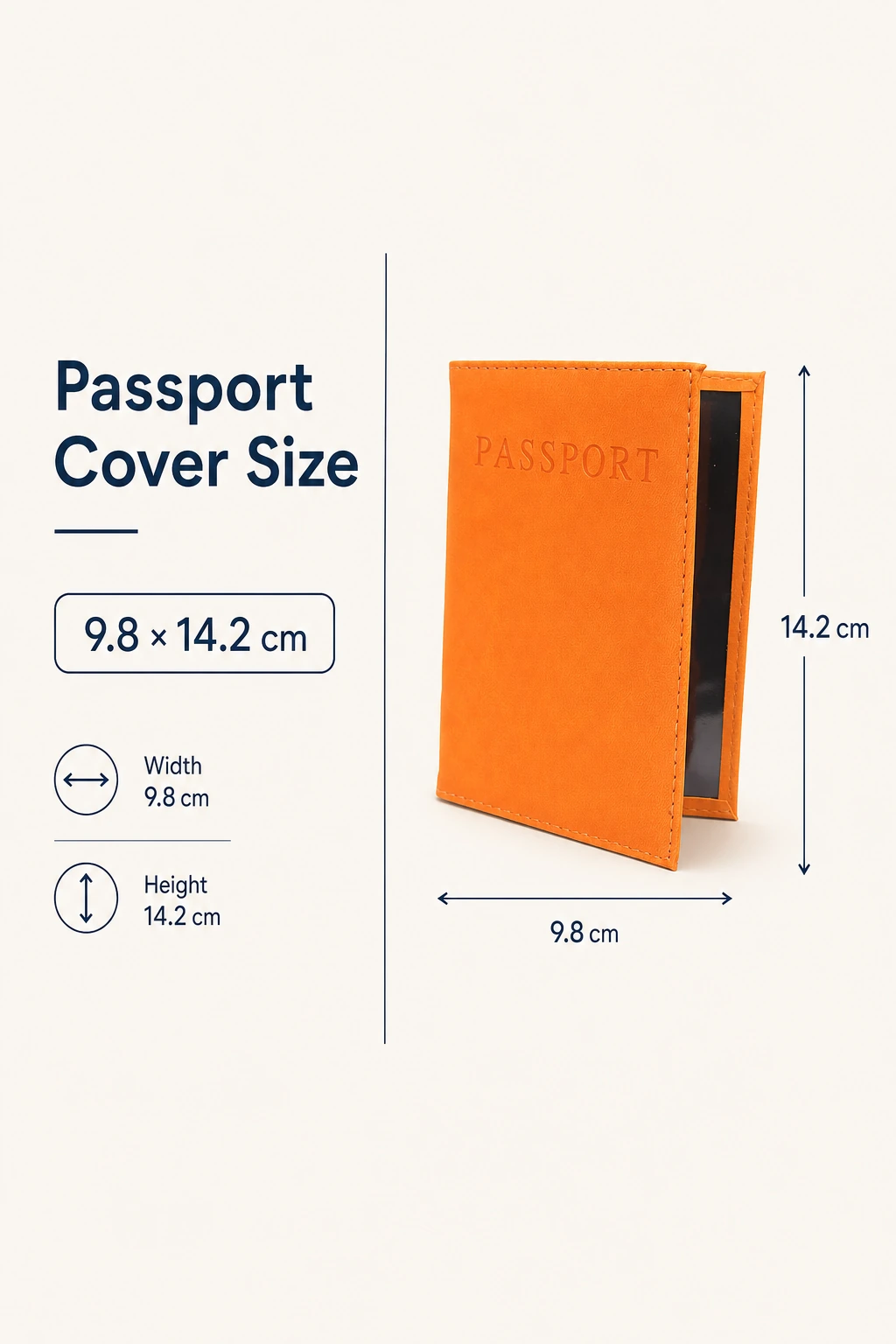 Orange cover with 9.8 × 14.2 cm dimension arrows