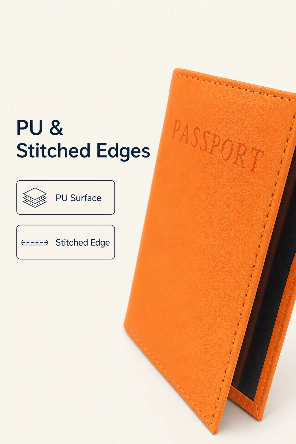 Macro of orange PU surface and stitched edge