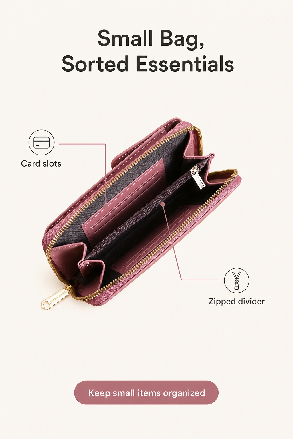 Vano portafoglio aperto con scomparti per carte e divisorio centrale con zip