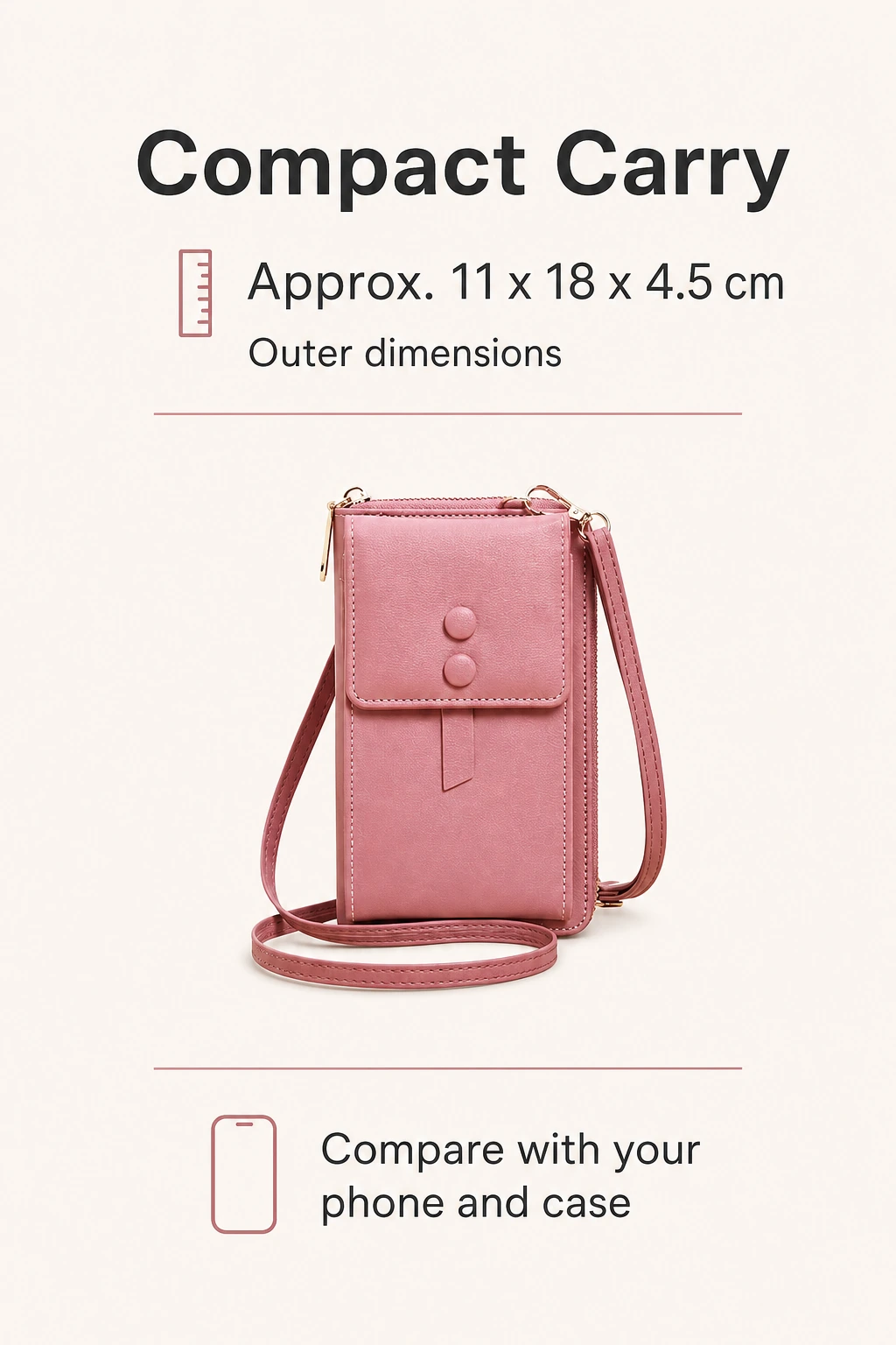 Dimensioni esterne della borsa di circa 11 per 18 per 4,5 cm