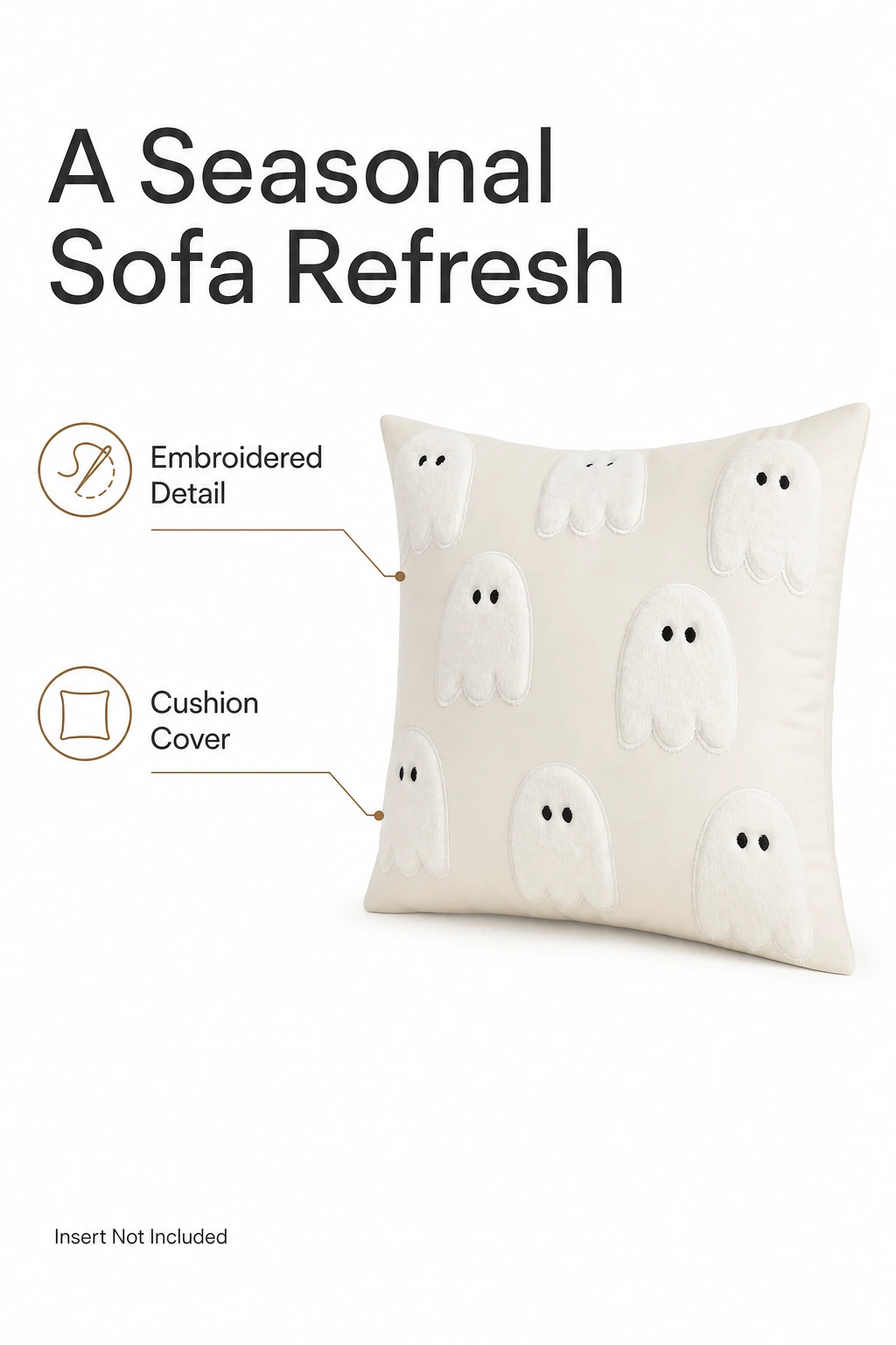 White ghost cushion with embroidery and cover-only information