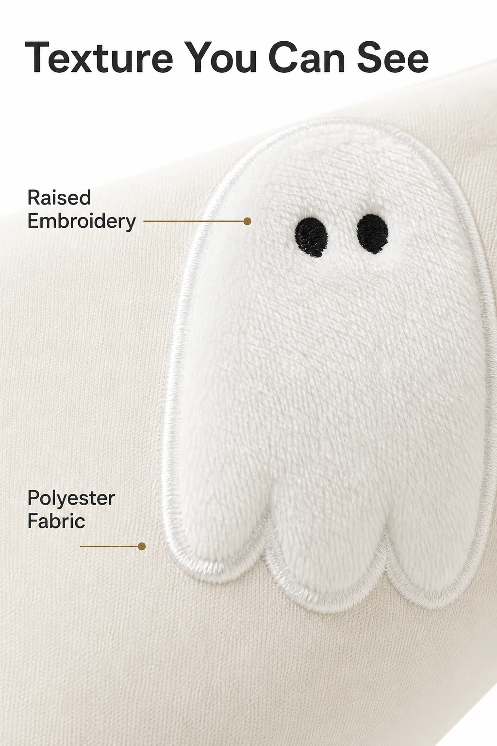 Raised white ghost embroidery with a polyester fabric callout