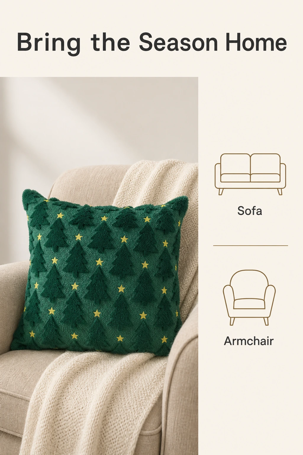Green Christmas-tree cushion styled on a sofa beside room-styling text