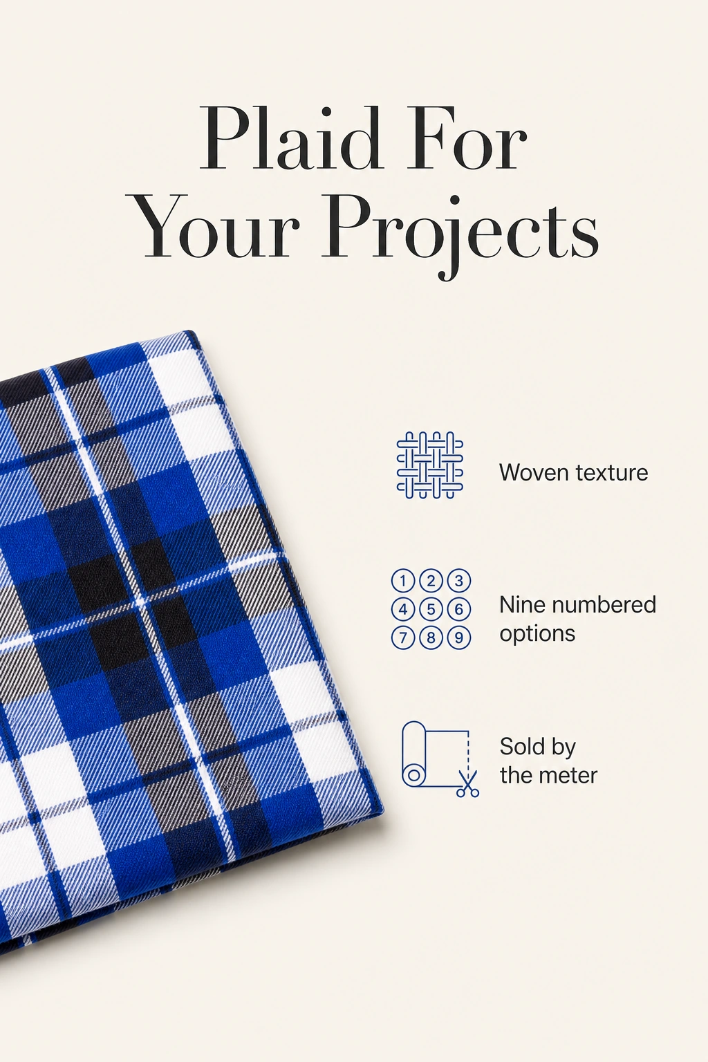 Blue plaid fabric with woven-texture and nine-pattern selection labels