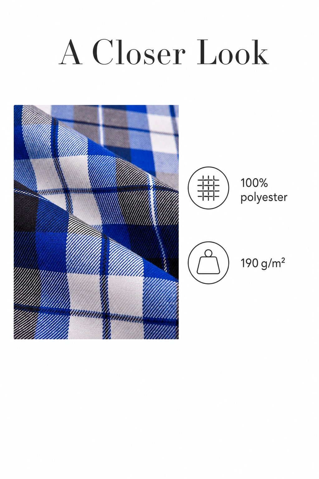 Plaid fabric close-up with 100% polyester and 190 g/m² labels
