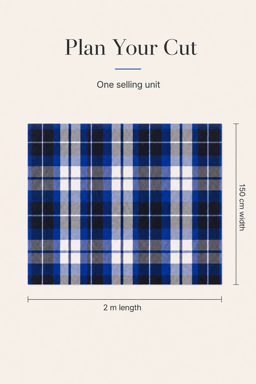 Plaid fabric diagram showing one 2-meter unit and a width of 150 cm