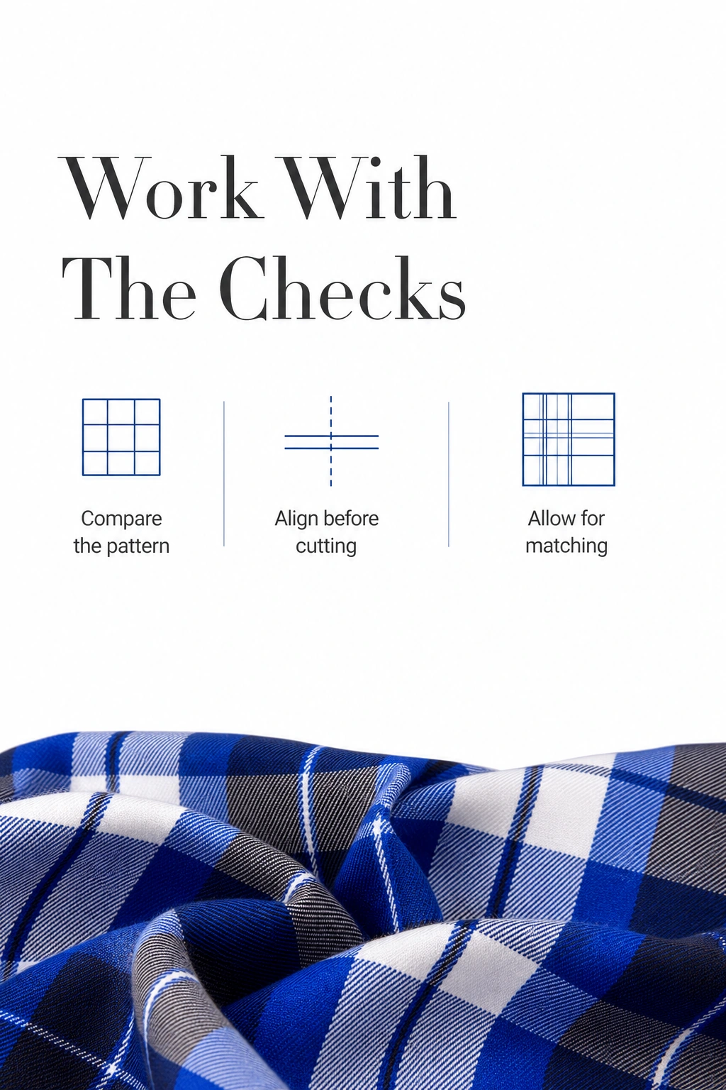 Plaid sewing guide showing how to compare, align and match the checks