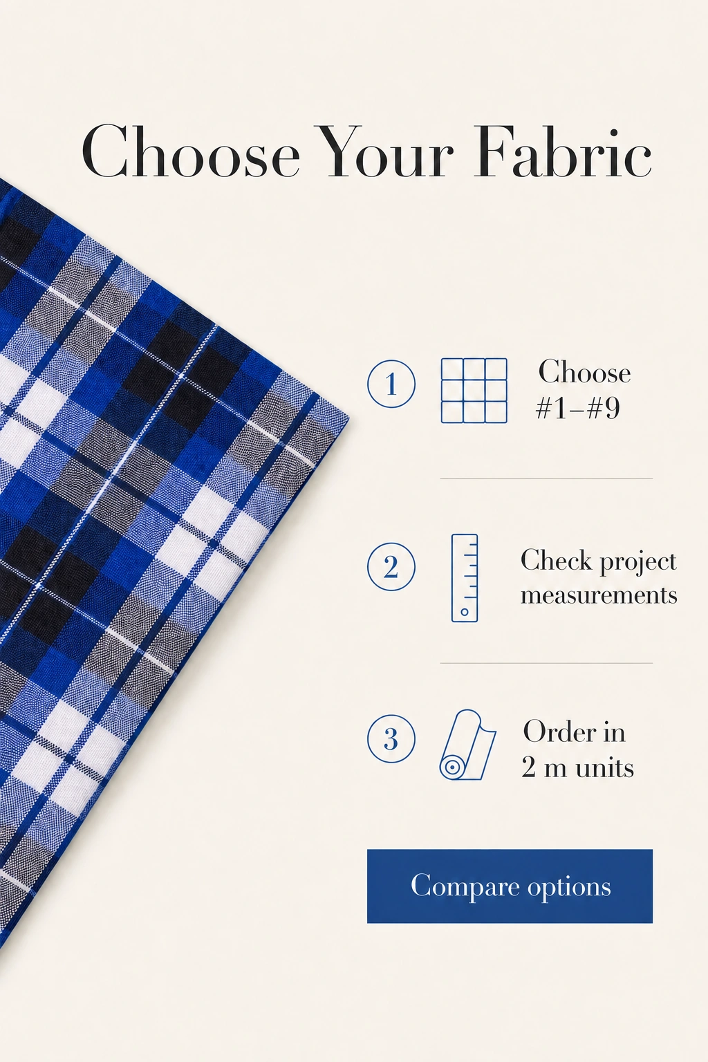 Blue plaid fabric with steps to choose a pattern and order in 2-meter units