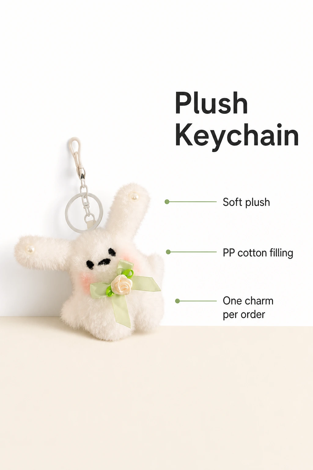 Single white rabbit charm with plush and PP cotton filling labels