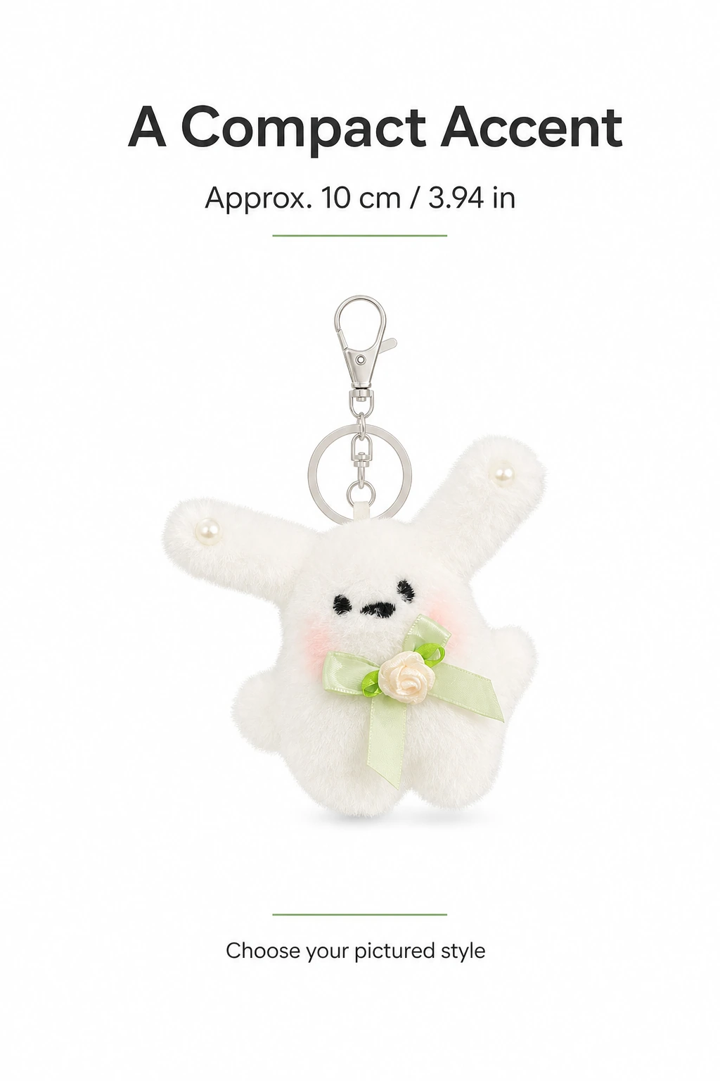 Approximate 10 cm or 3.94 inch size information beside a white rabbit charm