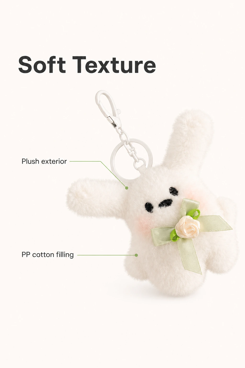 White plush texture and green bow detail with filling information