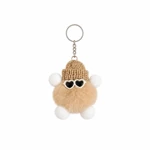 Tan fluffy keychain with brown knitted hat and heart-shaped sunglasses