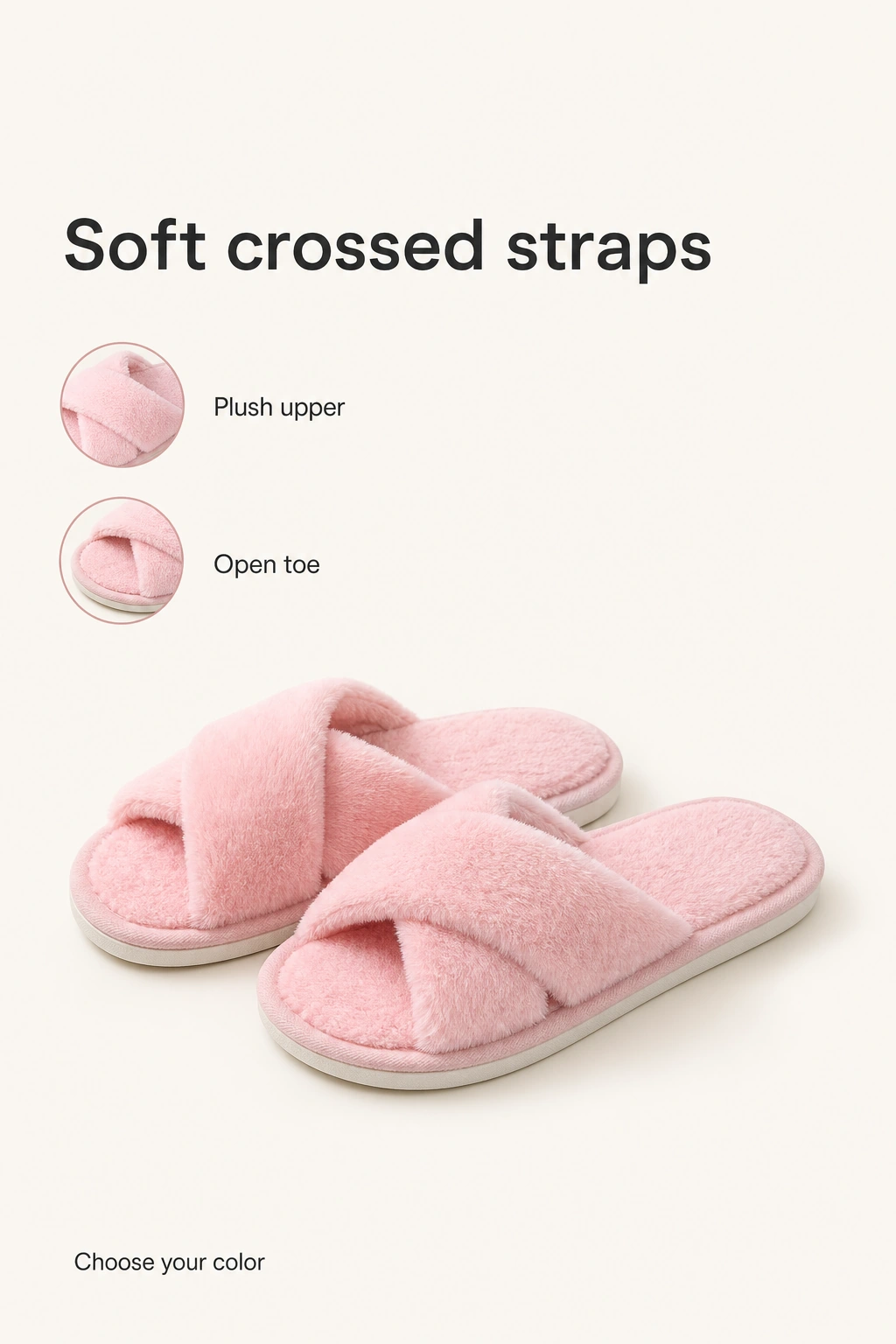 Pink slippers showing the plush crossed straps and open toes