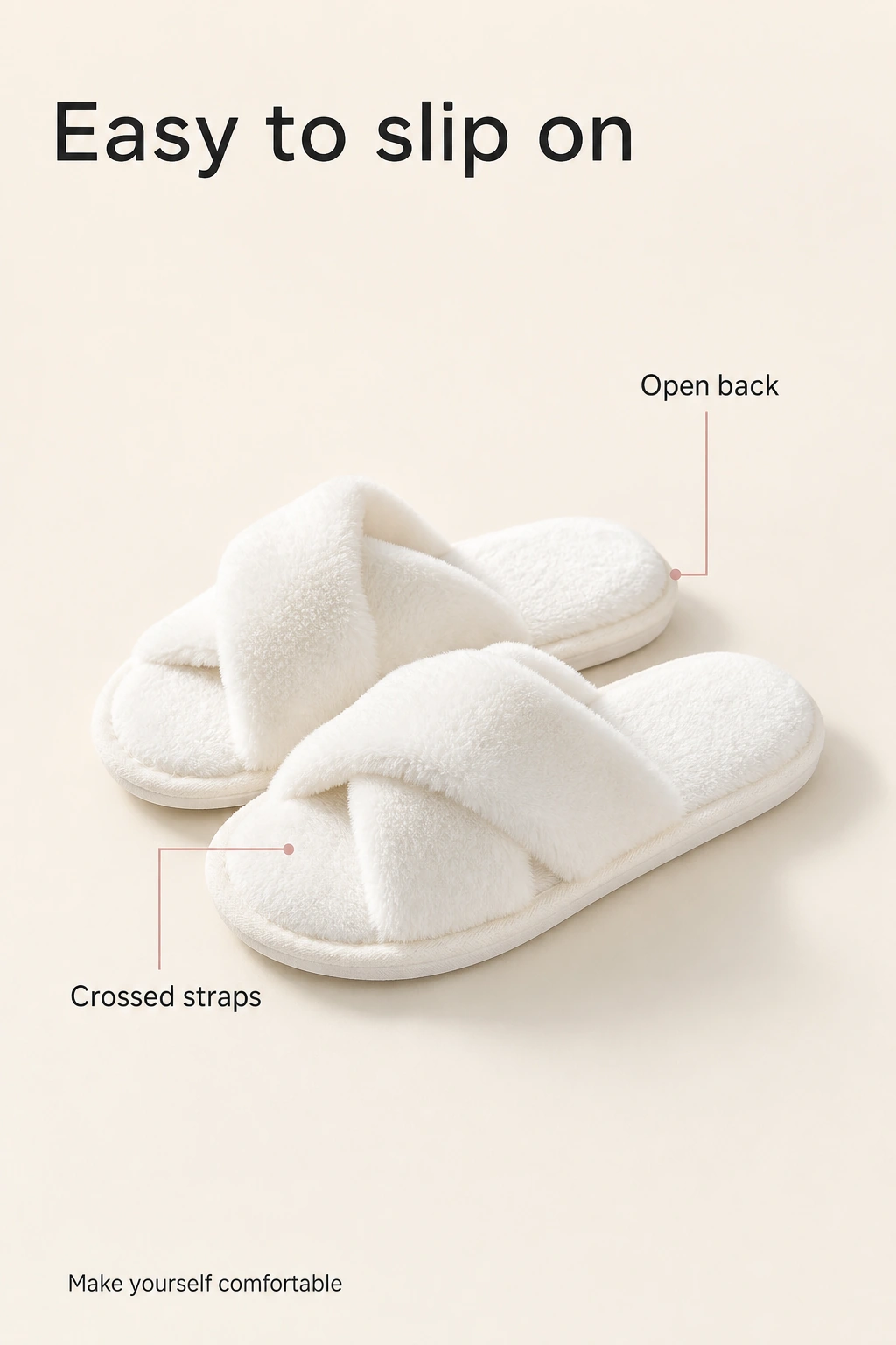White open-back slippers with crossed plush straps