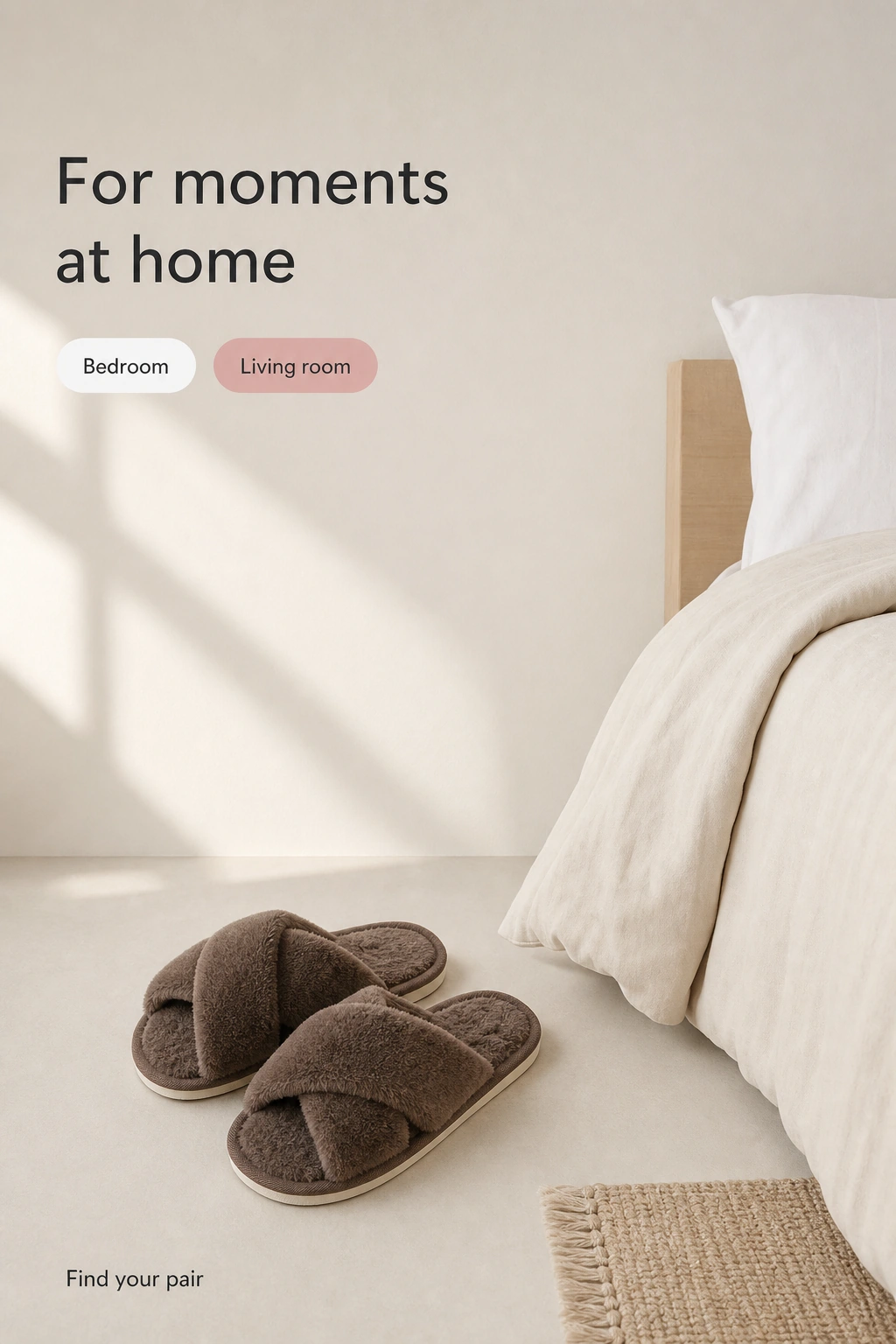 Brown plush slippers placed beside a bed