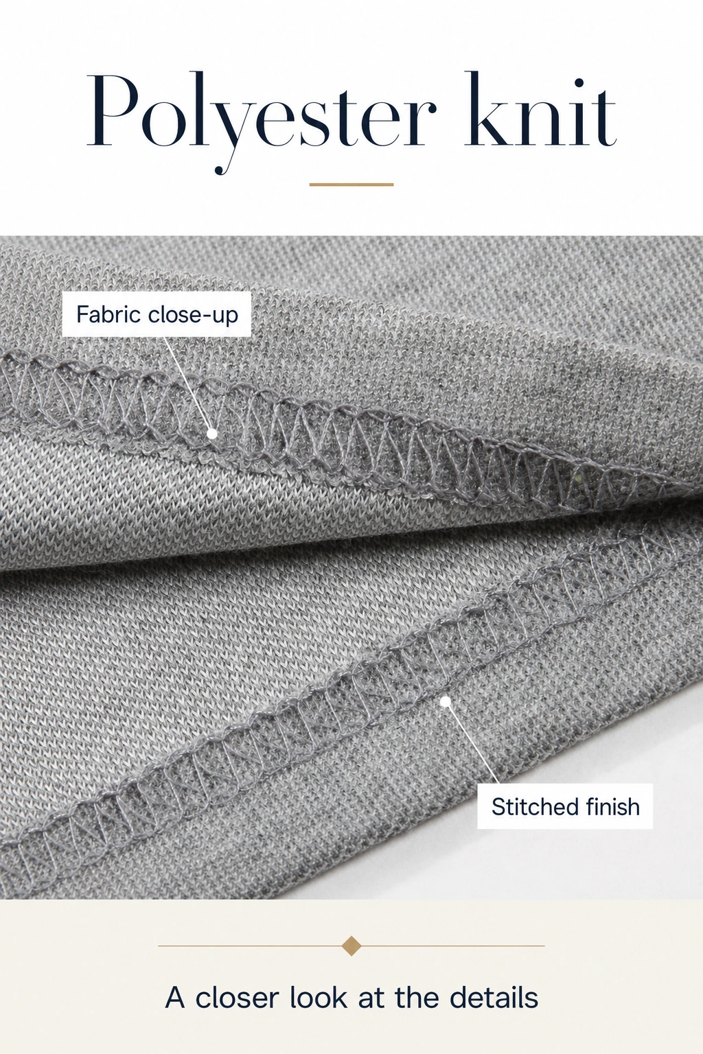Nahaufnahme von grauer Polyester-Maschenware und innerer Naht
